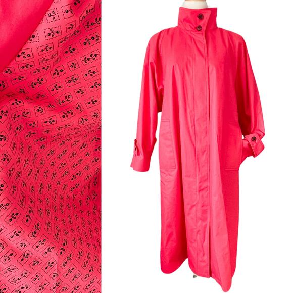 Vintage Jackets & Blazers - London Fog vintage HOT pink floral lining trench raincoat size LP XLP